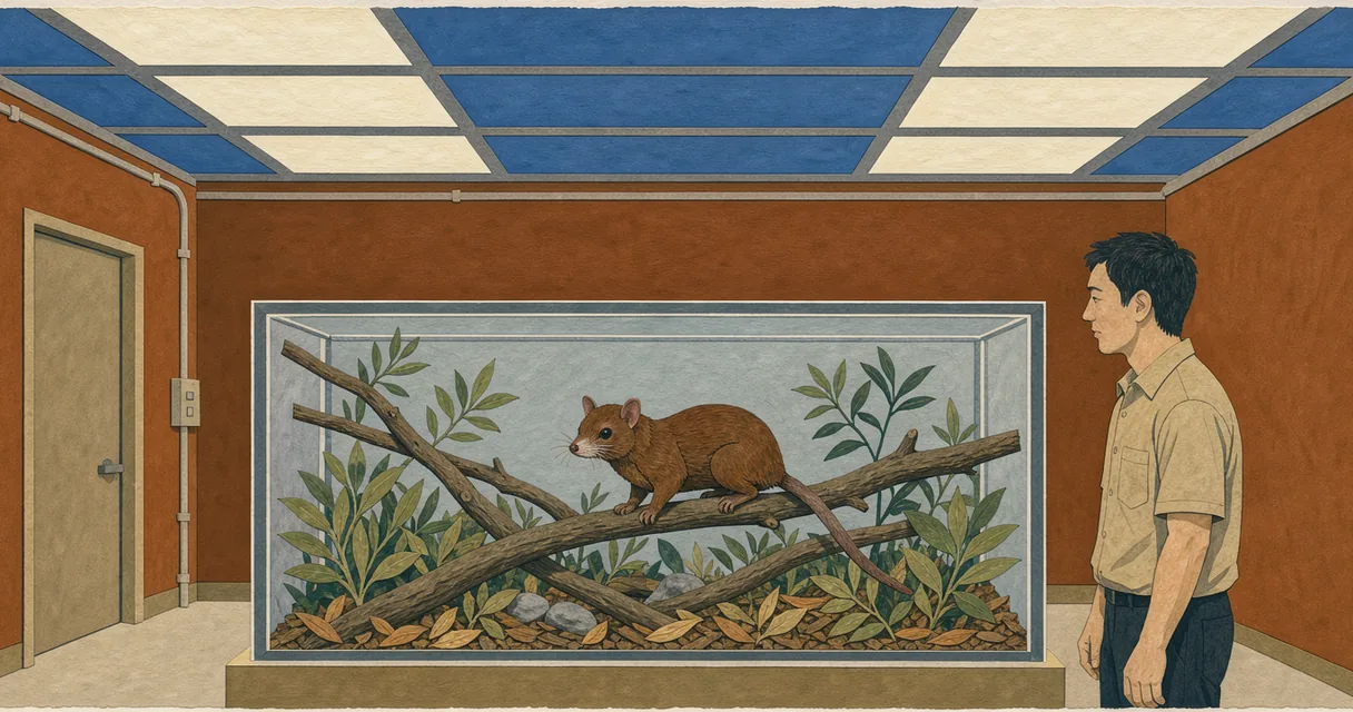 Editorial illustration of a tree shrew habitat beneath controlled ceiling lights, with a technician beside the enclosure.