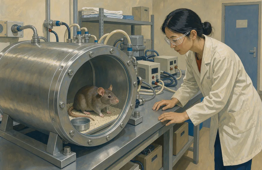 Illustration of a cylindrical animal pressure chamber on a laboratory bench, with a technician inspecting its round window.