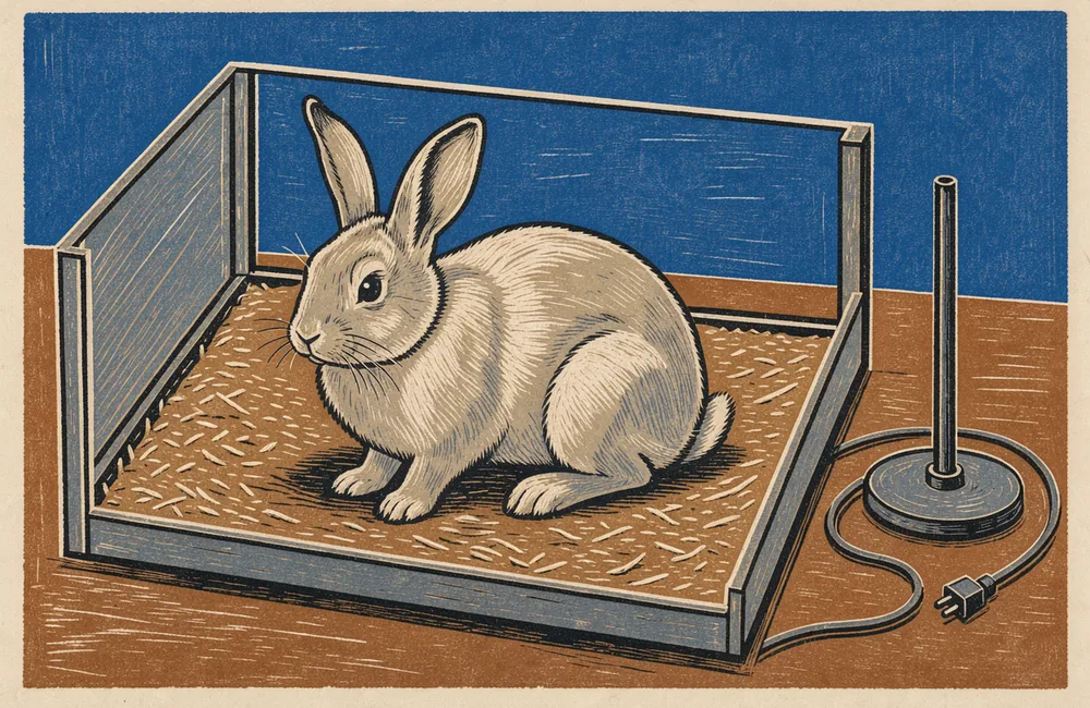 Illustration of a pale rabbit resting in a spacious observation enclosure, with disconnected recording cable outside the enclosure.