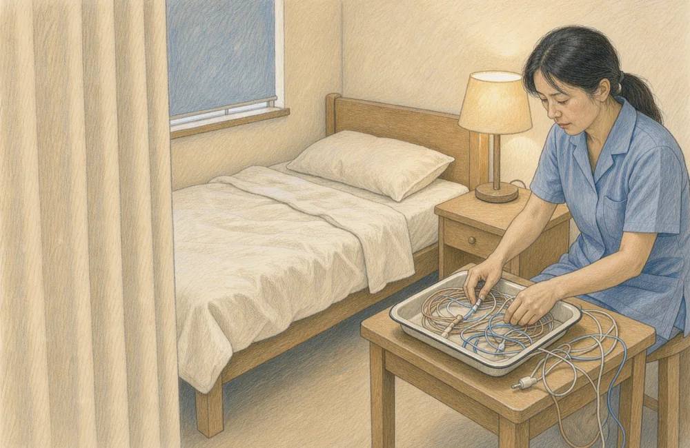 Illustration of an empty sleep-recording bed while an adult technician arranges disconnected electrode leads beside it.