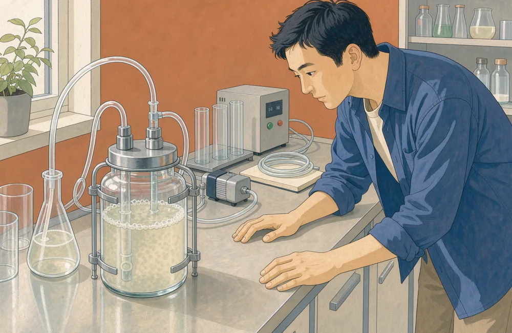 Illustration of an adult technician examining a small glass yeast-culture vessel at a bench with stainless tubing.